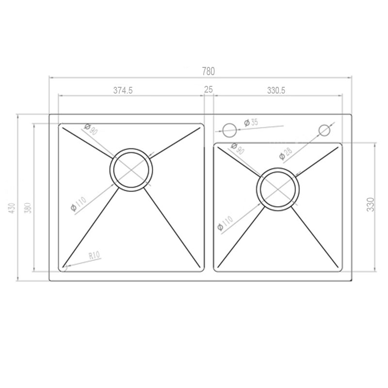 Double Bowl Handmade Kitchen Sink 7843DLB